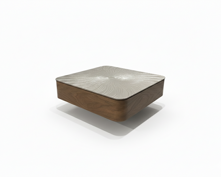 Square wooden coffee table with a beige top on a white background